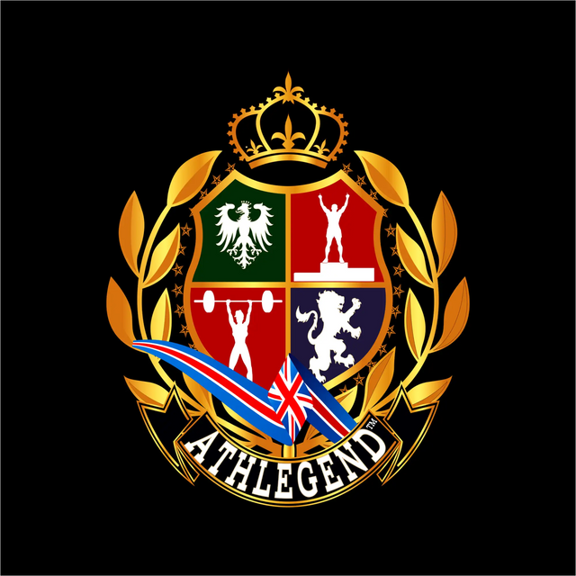 Golden emblem featuring a shield divided into four quadrants with athletic symbols, crowned and wreathed in laurel leaves.