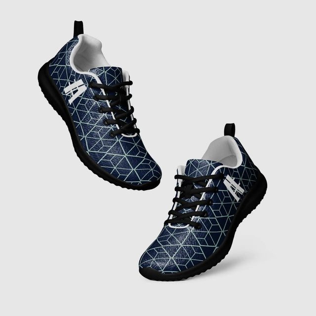 Navy blue athletic sneakers with a geometric white pattern and black laces