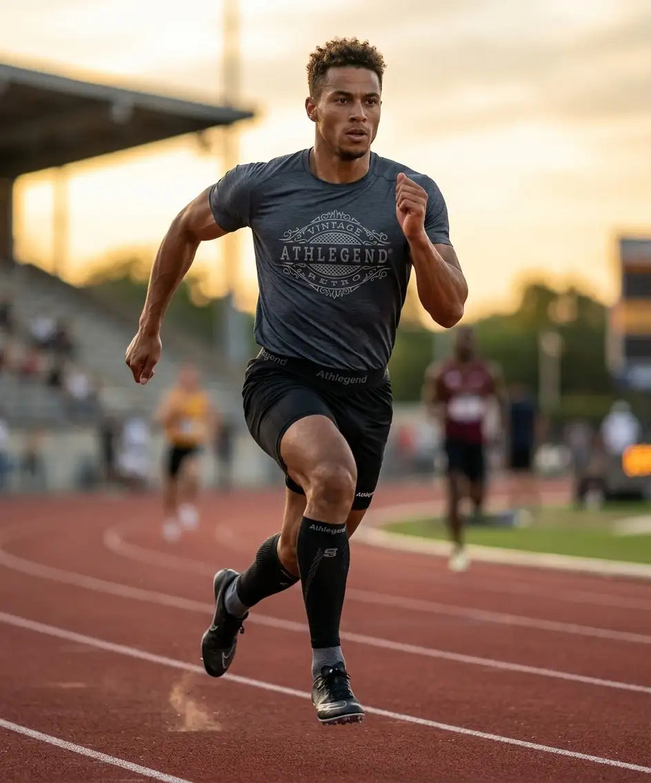 Athlete wearing a dark gray ’vintage athlegend’ branded t-shirt with black shorts and running shoes.