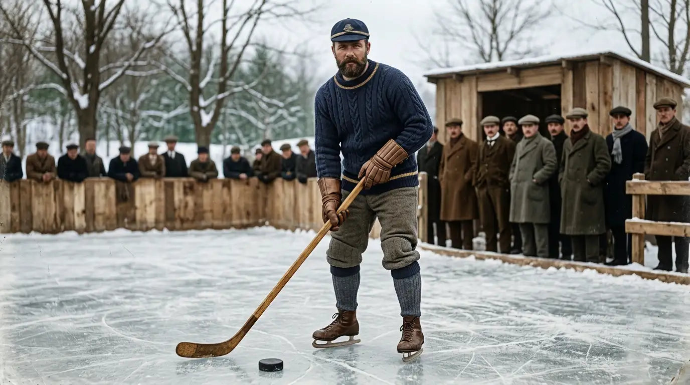 A bearded man in a navy blue cable-knit sweater and brown leather gloves stands on an ice rink, holding a wooden hockey stick with a black puck at his feet.