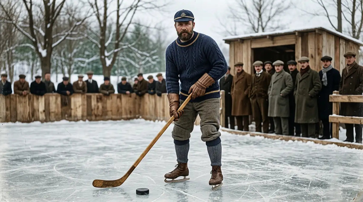A bearded man in a navy blue cable-knit sweater and brown leather gloves stands on an ice rink, holding a wooden hockey stick with a black puck at his feet.