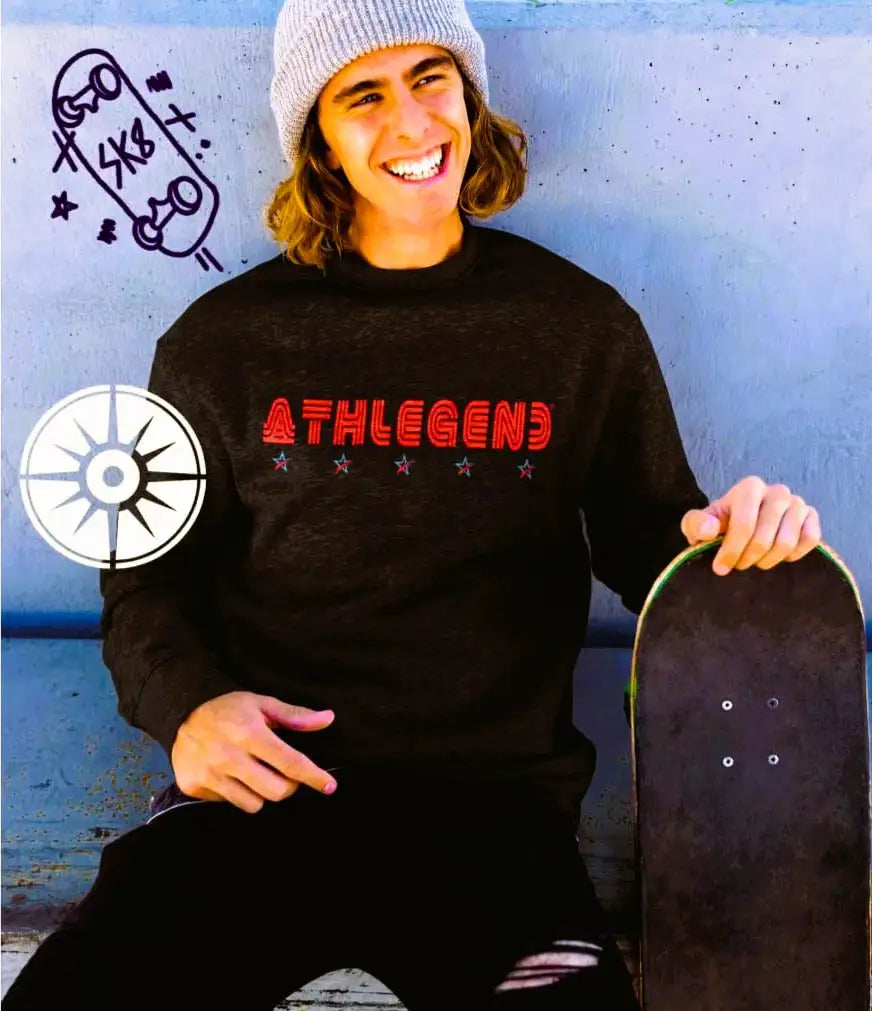 Black long-sleeved sweatshirt with red ’athlegen3’’ lettering and five small stars beneath it