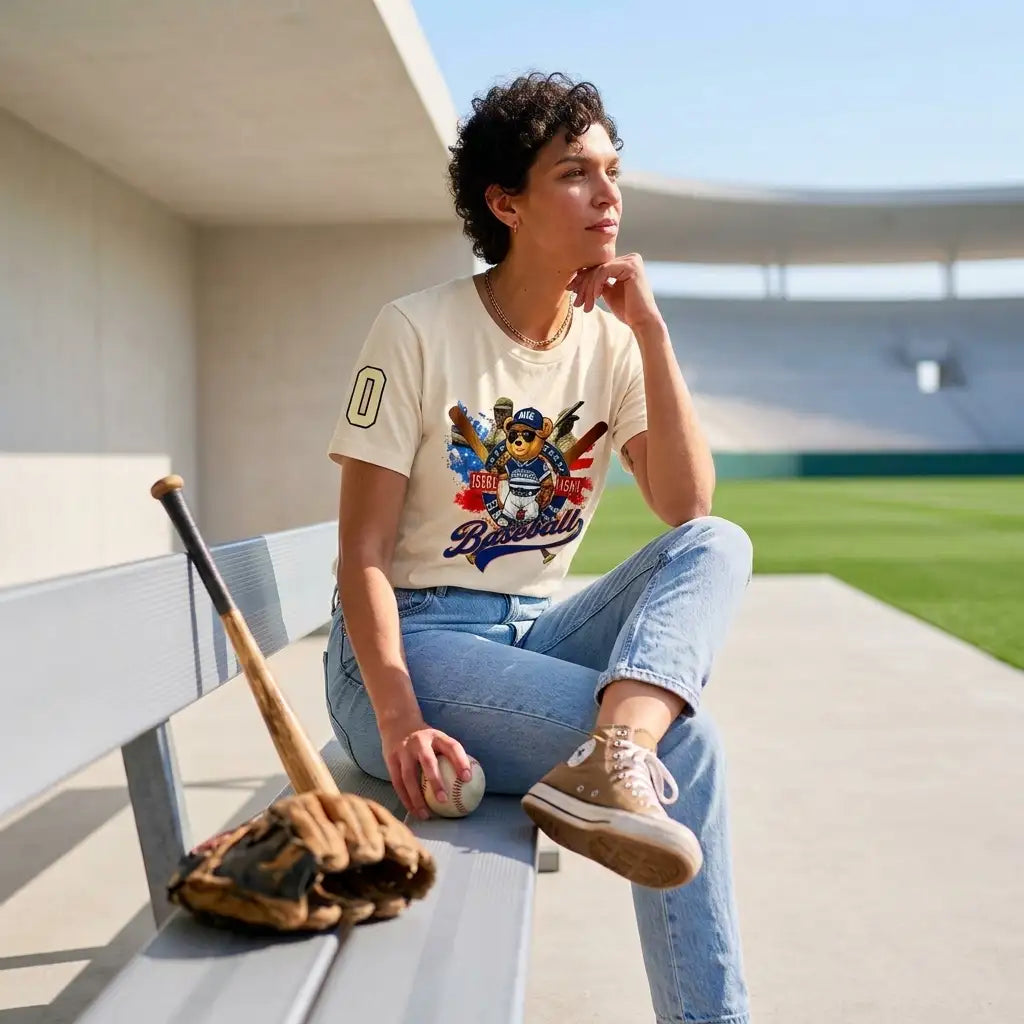Cream-colored short-sleeve t-shirt featuring a vintage baseball-themed graphic with an embroidered bear mascot and the word ’baseball’ in script lettering.