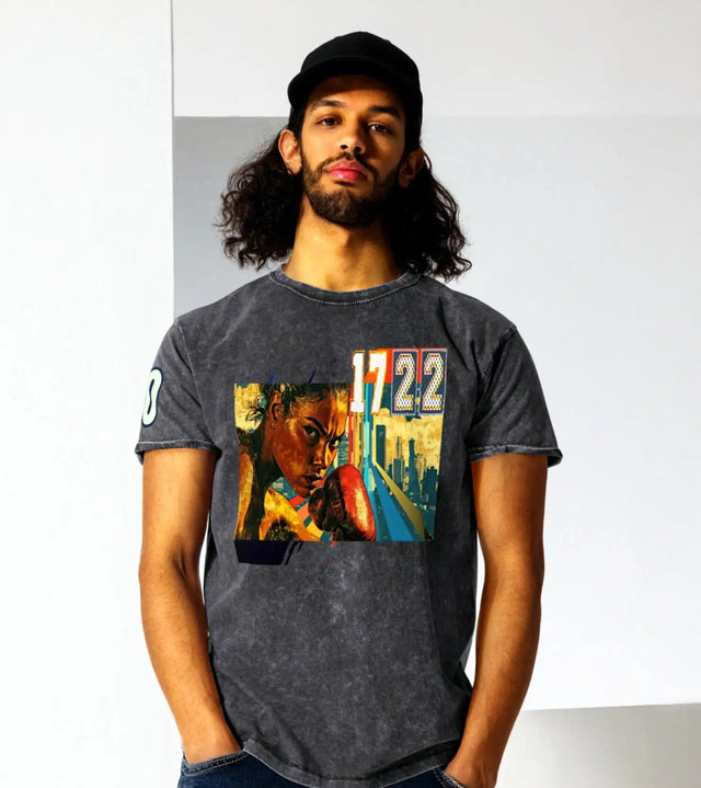 Dark gray, slightly faded cotton t-shirt featuring a vibrant graphic of a boxer with the number ’1722’’ in bold white and red lettering.