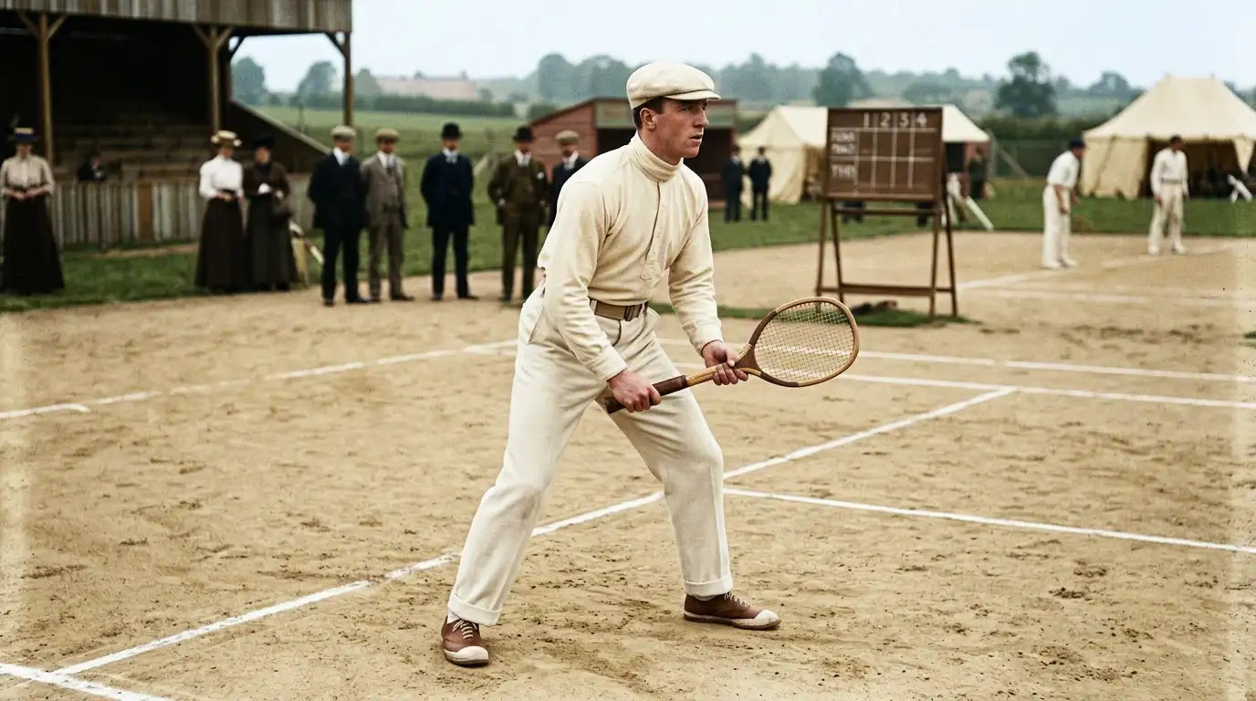 A man in a cream-colored, high-necked tennis outfit and matching cap stands on a dirt court holding an old-fashioned wooden racket with a woven string head.