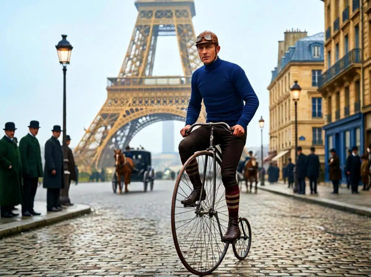 A man in a navy blue turtleneck and brown cycling gear rides a vintage high-wheel bicycle with thin metal spokes, set against the backdrop of paris’s eiffel tower.