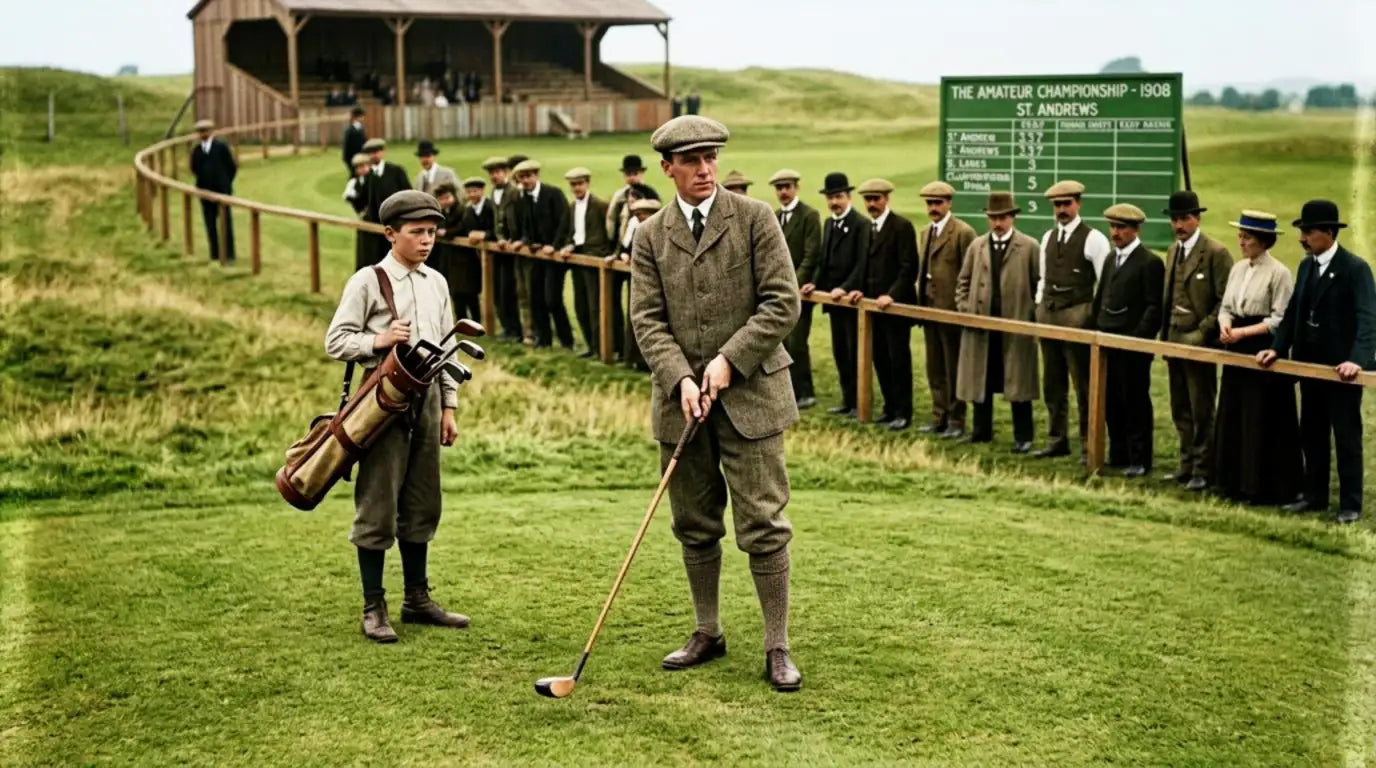 A man in a tweed suit and flat cap stands on a golf course, holding a wooden club with a black head.