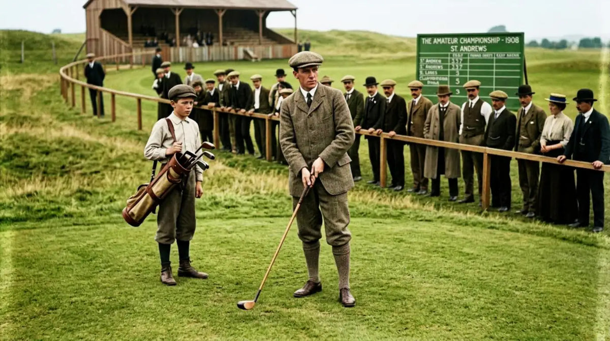 A man in a tweed suit and flat cap stands on a golf course, holding a wooden club with a black head.