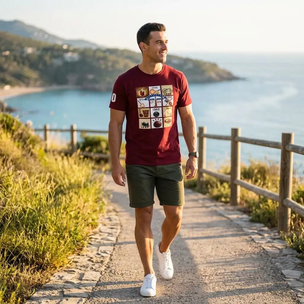 Maroon short-sleeved t-shirt with a vintage sports-themed graphic print.