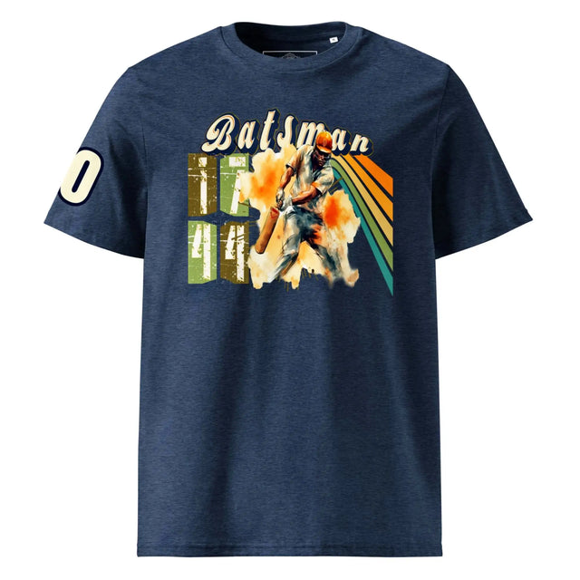 Navy blue cotton t-shirt featuring a retro-style graphic of a cricket batsman in action with the word ’batsman’ and score details above, accented by vibrant orange and rainbow-colored streaks.