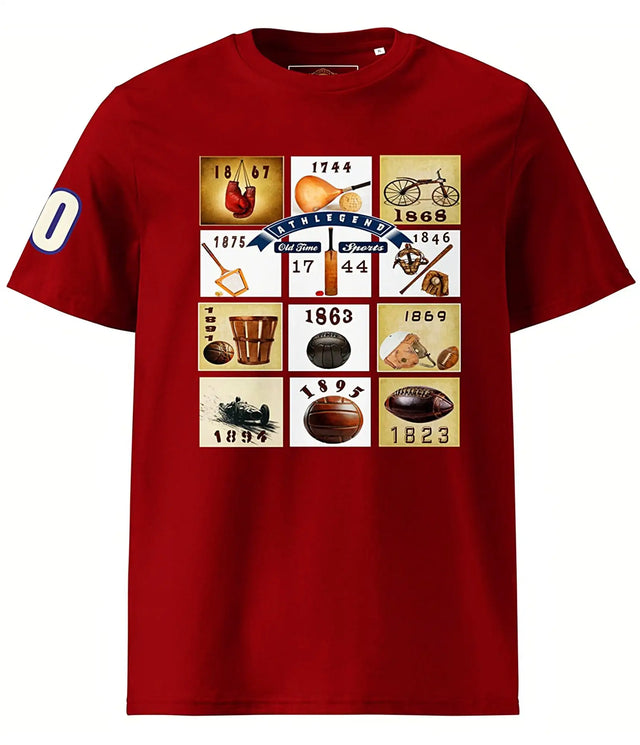 Red cotton t-shirt featuring a vintage sports history graphic with illustrated icons and years on a grid design.