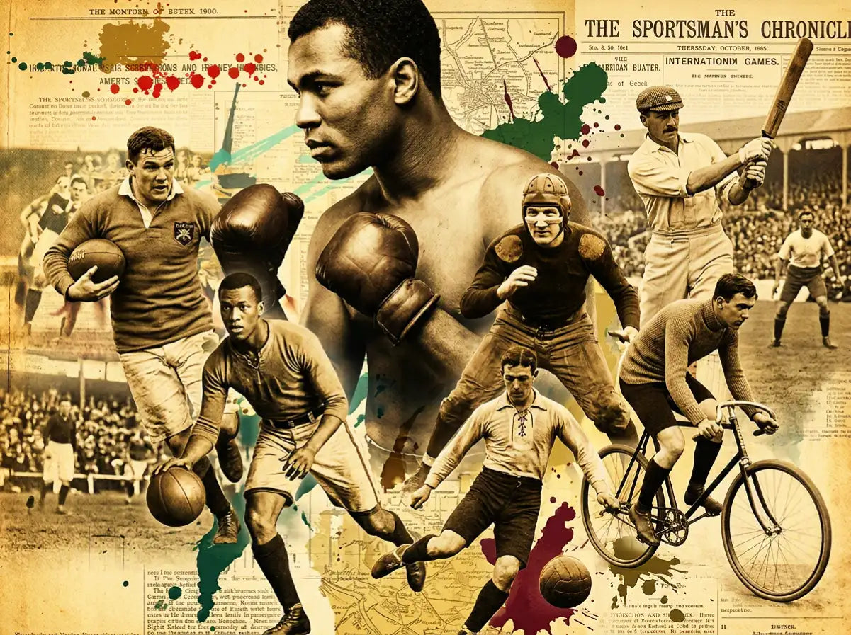 A sepia-toned collage featuring a central image of muhammad ali in boxing gloves, surrounded by vintage athletes from various sports including rugby, football, and cycling.
