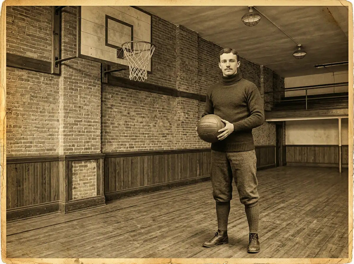 A sepia-toned vintage basketball, held by a man in an old gymnasium.