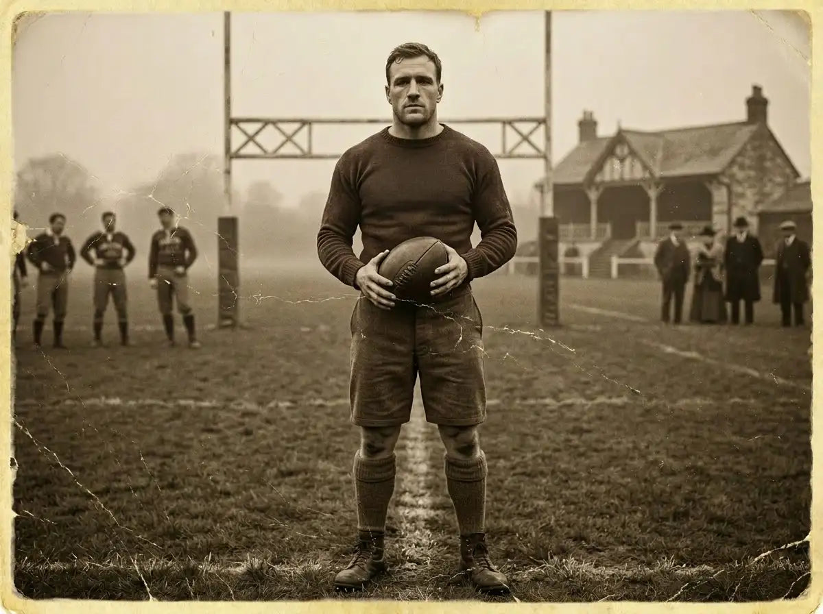 A sepia-toned vintage rugby ball held by a player in period attire.