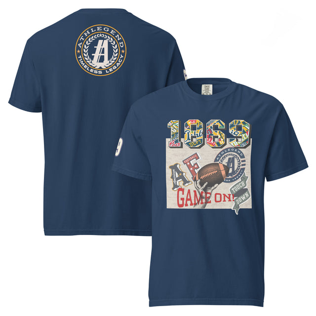 Men’s short-sleeved navy blue t-shirt with graphic designs on the front and back