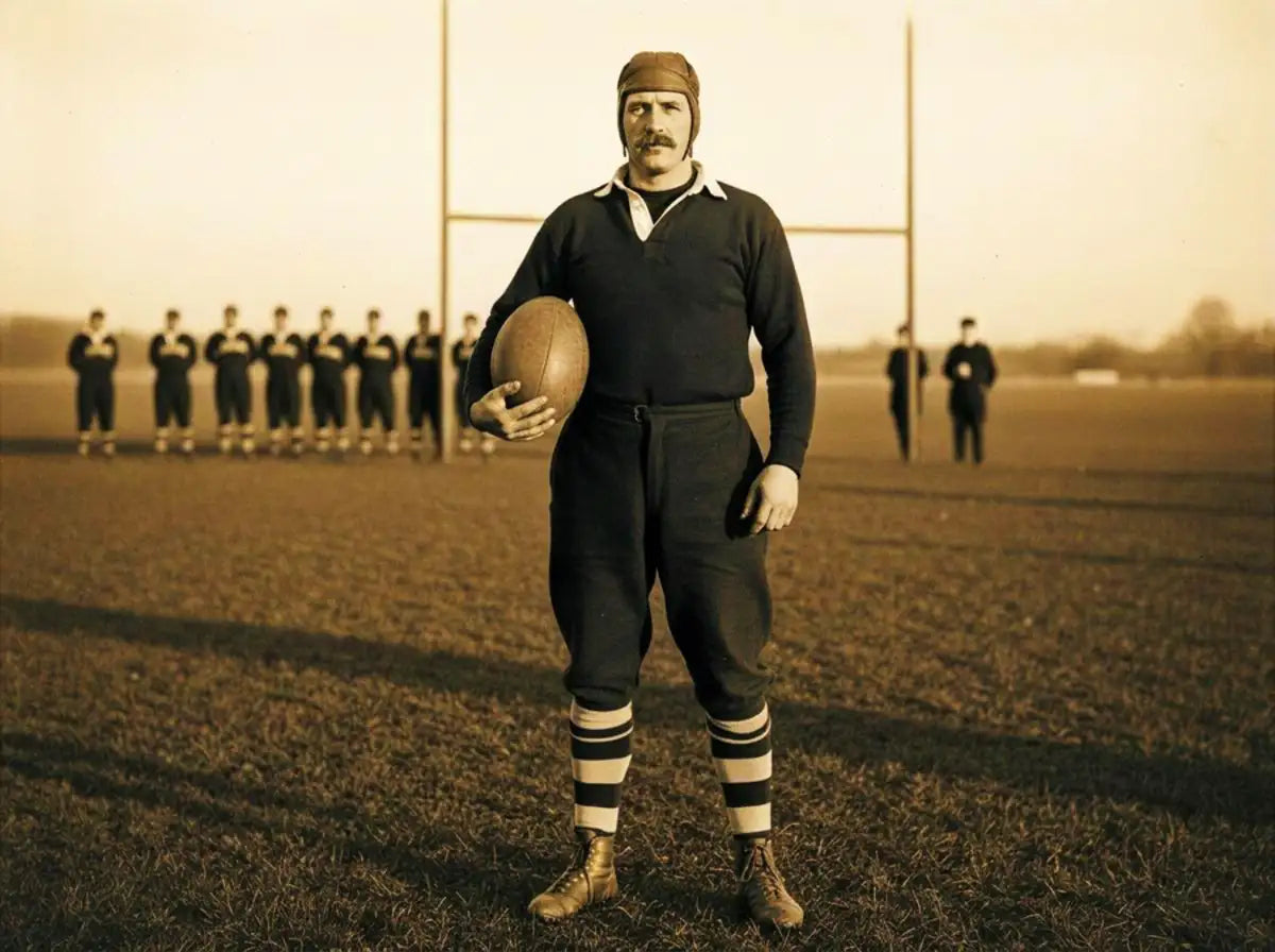 A vintage brown leather football held by a player in an old-fashioned uniform.