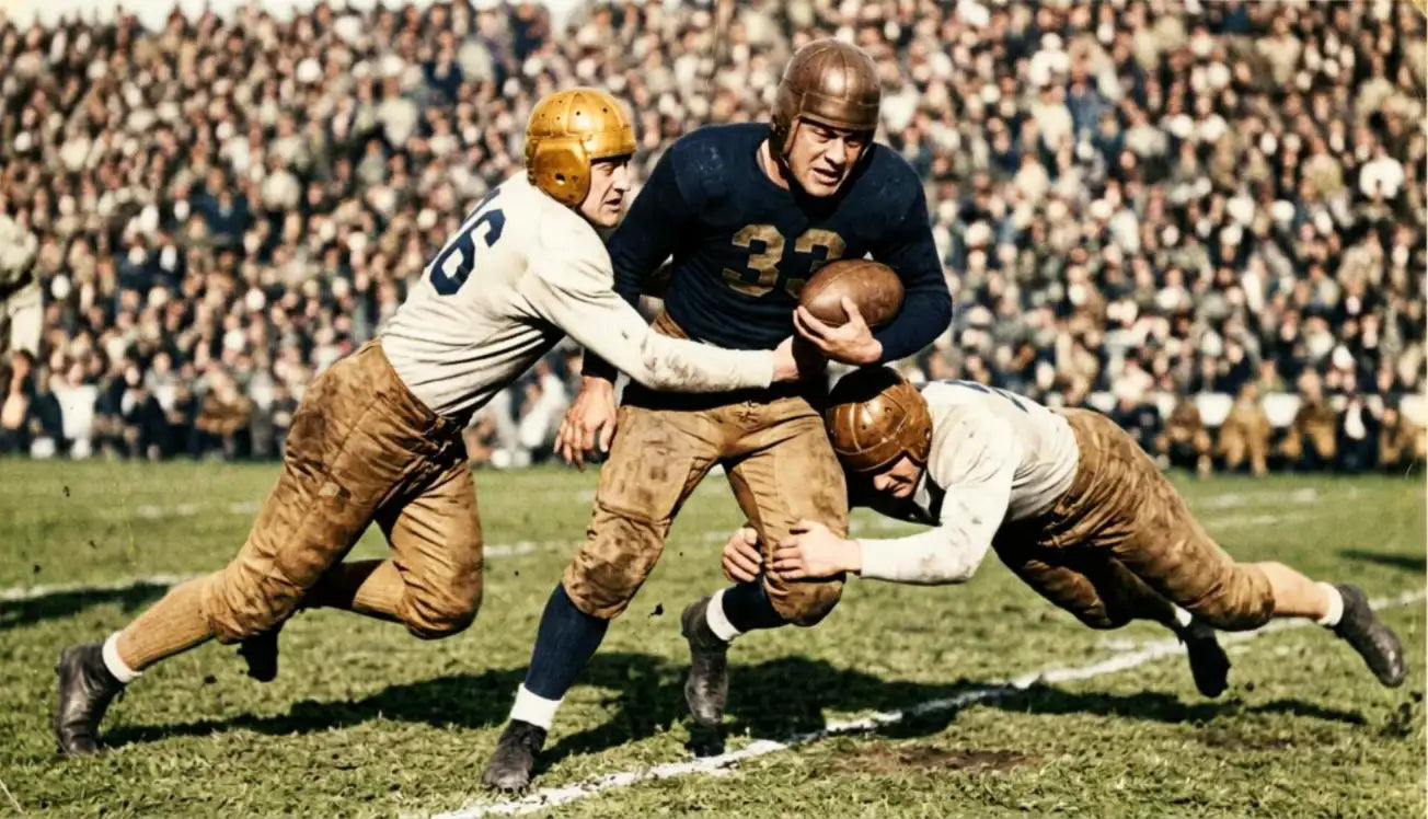 A vintage football player in a navy blue jersey with the number 32, wearing brown leather pads and holding an old-fashioned brown leather football.