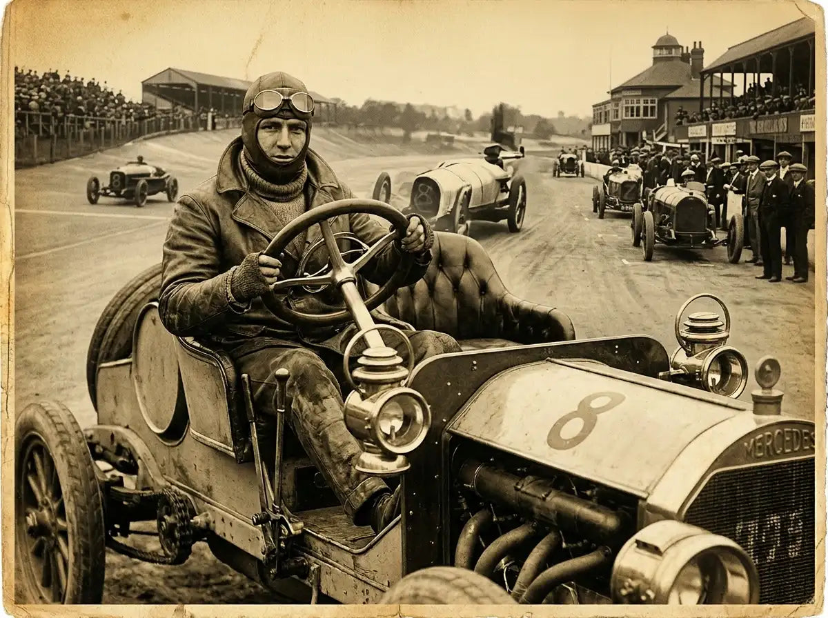 A vintage mercedes racing car with a prominent number 8 on its hood, featuring exposed mechanical components and classic early 20th-century design.