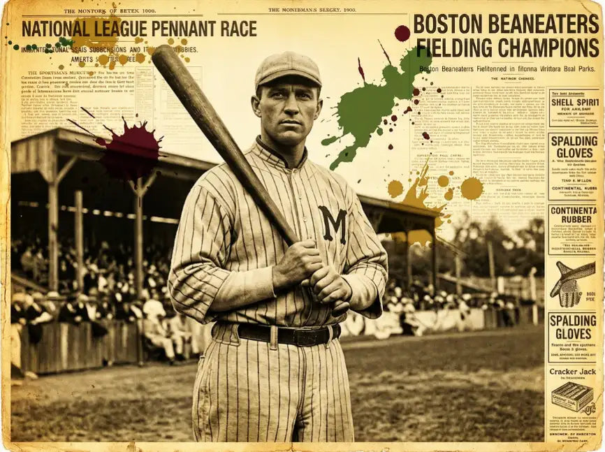 Vintage sepia-toned baseball player poster featuring a man in pinstripe uniform holding a bat, overlaid with colorful paint splatters and vintage advertisements.