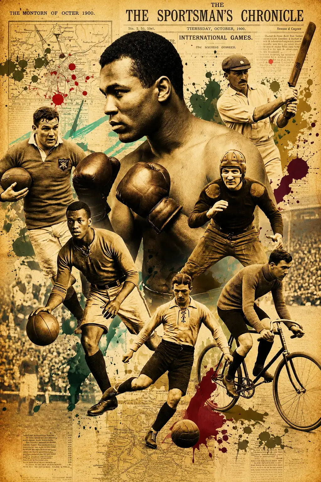 Vintage-style poster featuring a central portrait of muhammad ali in sepia-toned boxing gear, surrounded by athletes from various sports like football and cycling on an aged newspaper background with splattered ink effects.