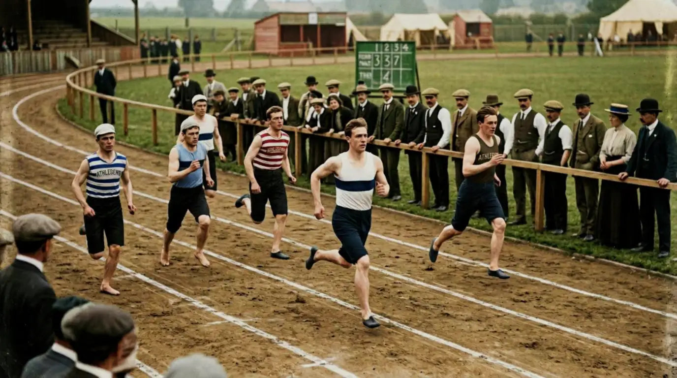 A vintage-style track race featuring runners in striped athletic uniforms competing on a dirt oval course.