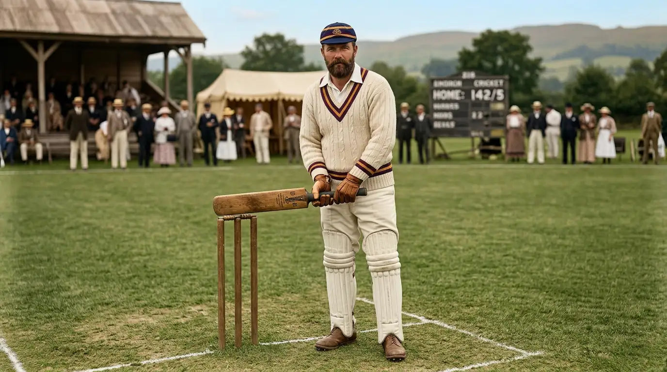 A vintage wooden cricket bat with a worn, natural finish and dark brown handle.