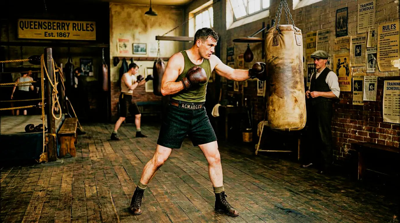 Worn brown leather punching bag hanging from chains in a vintage boxing gym.