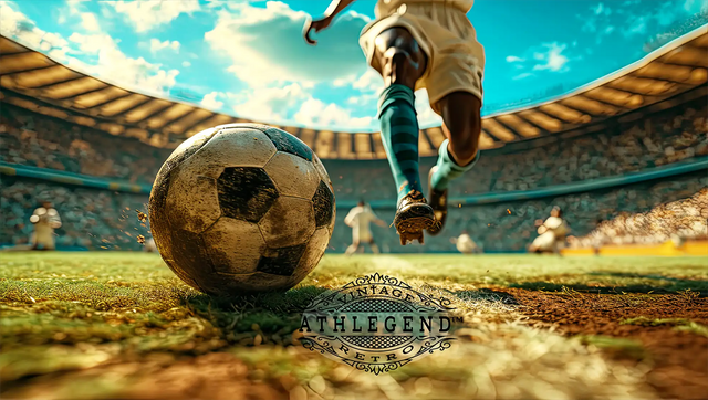 Worn vintage soccer ball with classic black and white panel design, showing signs of use on a grassy field.